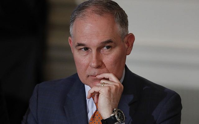 Environmental Protection Agency Administrator Scott Pruitt attends a meeting with state and local officials and President Donald Trump about infrastructure in the State Dining Room of the White House in Washington on February 12, 2018. (AP/Carolyn Kaster) Environmental Protection Agency Administrator Scott Pruitt attends a meeting with state and local officials and President Donald Trump about infrastructure in the State Dining Room of the White House in Washington on February 12, 2018. (AP/Carolyn Kaster)