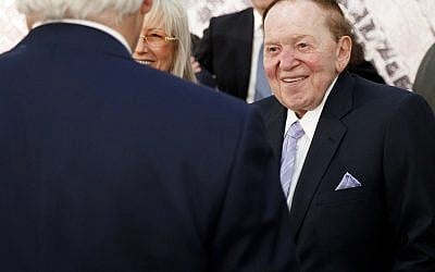 In this May 23, 2017, photo, Sheldon Adelson, right, talks with Secretary of State, Rex Tillerson, before a speech by US President Donald Trump at the Israel Museum in Jerusalem. (AP Photo/Evan Vucci) In this May 23, 2017, photo, Sheldon Adelson, right, talks with Secretary of State, Rex Tillerson, before a speech by US President Donald Trump at the Israel Museum in Jerusalem. (AP Photo/Evan Vucci)