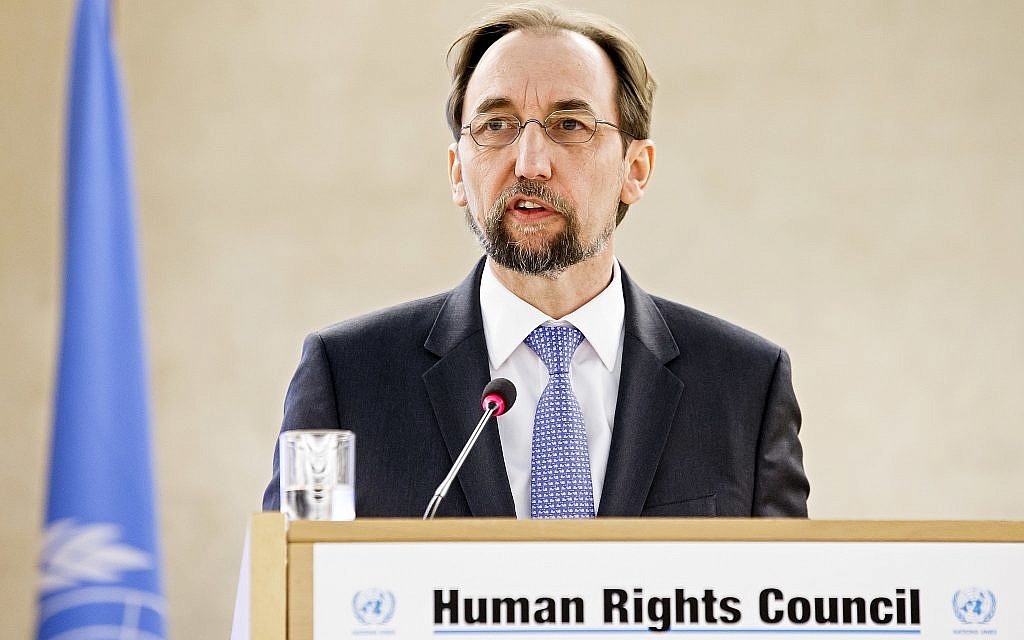 Jordan's Zeid Ra'ad al Hussein, UN high commissioner for human rights, the opening of the High-Level Segment of the 37th session of the Human Rights Council, at the European headquarters of the United Nations in Geneva, Switzerland, February 26, 2018. (Salvatore Di Nolfi/Keystone via AP)