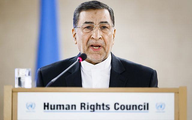 Seyyed Alireza Avaei, Minister of Justice of the Islamic Republic of Iran, delivers a speech during the High-Level Segment and second day of the 37th session of the Human Rights Council, at the United Nations in Geneva, Switzerland, February 27, 2018. (Valentin Flauraud/Keystone via AP) Seyyed Alireza Avaei, Minister of Justice of the Islamic Republic of Iran, delivers a speech during the High-Level Segment and second day of the 37th session of the Human Rights Council, at the United Nations in Geneva, Switzerland, February 27, 2018. (Valentin Flauraud/Keystone via AP)