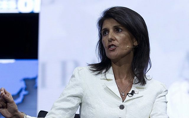 Ambassador to the United Nations Nikki Haley speaks at the 2017 American Israel Public Affairs Committee (AIPAC) Policy Conference held at the Verizon Center in Washington, on March 27, 2017. (AP Photo/Jose Luis Magana) Ambassador to the United Nations Nikki Haley speaks at the 2017 American Israel Public Affairs Committee (AIPAC) Policy Conference held at the Verizon Center in Washington, on March 27, 2017. (AP Photo/Jose Luis Magana)