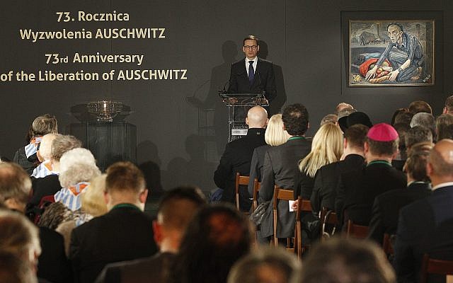 Polish Prime Minister Mateusz Morawiecki speaks at a commemoration event at the former Nazi German death camp Auschwitz-Birkenau on Saturday, January 27, 2018. (AP/Czarek Sokolowski) Polish Prime Minister Mateusz Morawiecki speaks at a commemoration event at the former Nazi German death camp Auschwitz-Birkenau on Saturday, January 27, 2018. (AP/Czarek Sokolowski)
