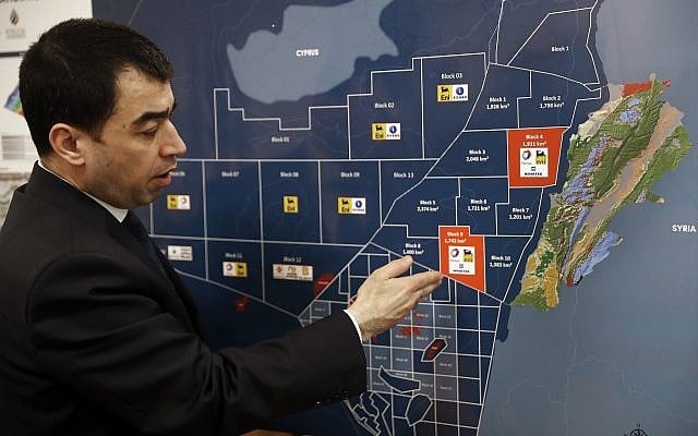Lebanon's Energy Minister Cesar Abi Khalil, explains on the map about the offshore block 9 which Israel claims, during an interview with the Associated Press at his office, in Beirut, Lebanon, February 1, 2018. (Hussein Malla/AP) Lebanon's Energy Minister Cesar Abi Khalil, explains on the map about the offshore block 9 which Israel claims, during an interview with the Associated Press at his office, in Beirut, Lebanon, February 1, 2018. (Hussein Malla/AP)
