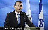 Guatamalan President Jimmy Morales speaks alongside Prime Minister Benjamin Netanyahu (not pictured) at the Prime Minister's Office in Jerusalem on November 29, 2016. (Marc Israel Sellem/Pool/Flash90)
