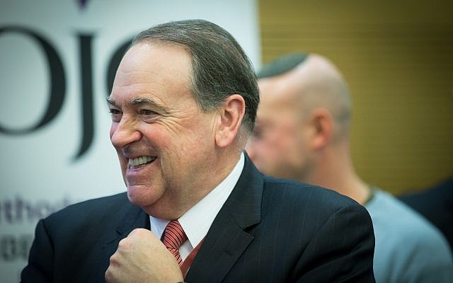 Former governor of Arkansas Mike Huckabee attends a special session for the strengthening of political ties between Israel and the US at the Knesset in Jerusalem, January 3, 2017. (Yonatan Sindel/Flash90) Former governor of Arkansas Mike Huckabee attends a special session for the strengthening of political ties between Israel and the US at the Knesset in Jerusalem, January 3, 2017. (Yonatan Sindel/Flash90)