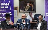 Shas leader Aryeh Deri (center) with United Torah Judaism leader Yaakov Litzman (left) and MK Moshe Gafni during a joint party meeting at the Knesset in Jerusalem on June 19, 2017. (Yonatan Sindel/Flash90)