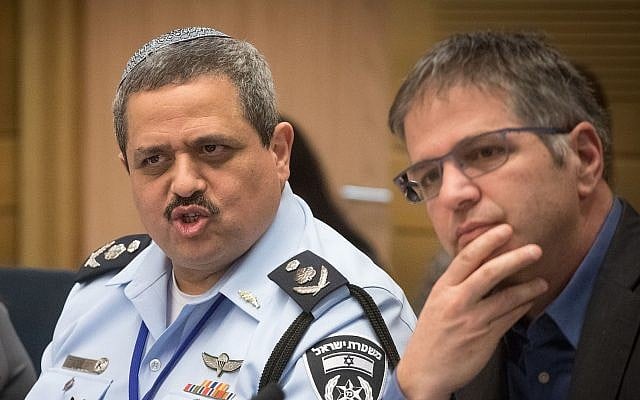 Police Commissioner Roni Alsheikh (L) and Likud MK Yoav Kisch at the Knesset Internal Affairs Committee, February 5, 2018. (Miriam Alster/Flash90) Police Commissioner Roni Alsheikh (L) and Likud MK Yoav Kisch at the Knesset Internal Affairs Committee, February 5, 2018. (Miriam Alster/Flash90)
