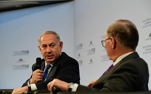 Prime Minister Benjamin Netanyahu speaks at the Munich Security Conference in Munich, Germany, on February 18, 2018. (Amos Ben Gershom/GPO) Prime Minister Benjamin Netanyahu speaks at the Munich Security Conference in Munich, Germany, on February 18, 2018. (Amos Ben Gershom/GPO)