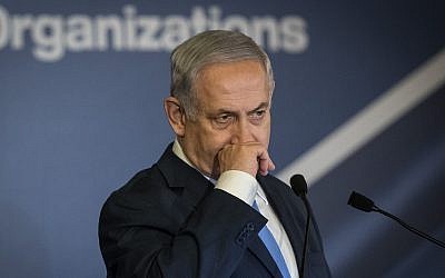 Prime Minister Benjamin Netanyahu speaking at the Conference of Presidents of Major American Jewish Organizations in Jerusalem,  February 21, 2018. (Hadas Parush/Flash90)