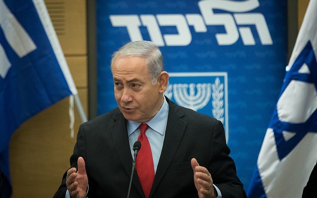 Prime Minister Benjamin Netanyahu leads a Likud faction meeting at the Knesset on February 26, 2018 (Yonatan Sindel/Flash90)