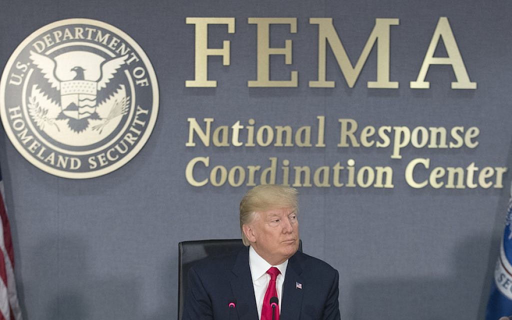 US President Donald Trump speaks during a visit to Federal Emergency Management Agency (FEMA) headquarters on August 4, 2017 in Washington, DC. Trump visited FEMA headquarters to receive a briefing on the hurricane season. (Michael Reynolds - Pool/Getty Images via JTA) US President Donald Trump speaks during a visit to Federal Emergency Management Agency (FEMA) headquarters on August 4, 2017 in Washington, DC. Trump visited FEMA headquarters to receive a briefing on the hurricane season. (Michael Reynolds - Pool/Getty Images via JTA)