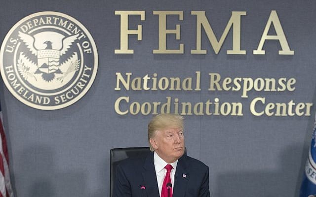 US President Donald Trump speaks during a visit to Federal Emergency Management Agency (FEMA) headquarters on August 4, 2017 in Washington, DC. Trump visited FEMA headquarters to receive a briefing on the hurricane season. (Michael Reynolds - Pool/Getty Images via JTA) US President Donald Trump speaks during a visit to Federal Emergency Management Agency (FEMA) headquarters on August 4, 2017 in Washington, DC. Trump visited FEMA headquarters to receive a briefing on the hurricane season. (Michael Reynolds - Pool/Getty Images via JTA)