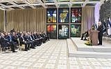 President Reuven Rivlin, right, addresses a conference of Israeli ambassadors and diplomats at the President's House in Jerusalem, February 8, 2018. (Mark Neiman/ GPO)