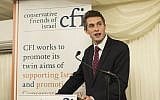 UK Defense Secretary Gavin Williamson speaking during a Conservative Friends of Israel event on January 30, 2018. (Courtesy CFI)