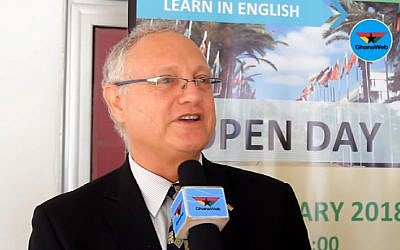 Israel's ambassador to Ghana, Ami Mehl, speaking to media on February 20, 2018. (Screen capture: YouTube)