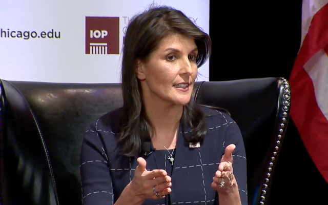 US Ambassador to the UN Nikki Haley speaks during a question-and-answer session at the University of Chicago's Institute of Politics on February 22, 2018 (screen capture) US Ambassador to the UN Nikki Haley speaks during a question-and-answer session at the University of Chicago's Institute of Politics on February 22, 2018 (screen capture)