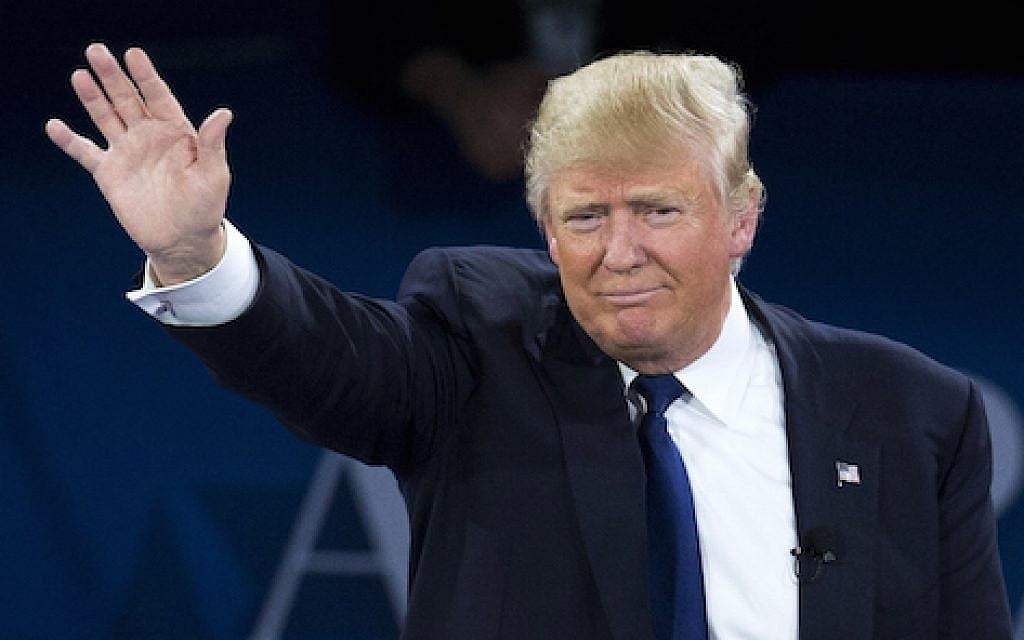 Donald Trump waving after addressing the American Israel Public Affairs Committee Policy Conference in Washington, DC, March 21, 2016. (Saul Loeb/AFP/Getty Images via JTA) Donald Trump waving after addressing the American Israel Public Affairs Committee Policy Conference in Washington, DC, March 21, 2016. (Saul Loeb/AFP/Getty Images via JTA)
