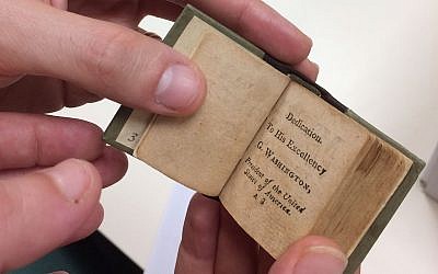 A miniature bible dedicated to George Washington, acquired by the National Library of Israel and published online on February 18, 2018. (From the National Library of Israel Collections)