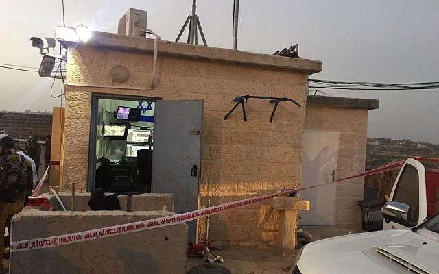 The scene of a stabbing attack at the entrance to the Israeli settlement of Karmei Tzur, south of Jerusalem, February 7, 2018. (Karmei Tzur security) The scene of a stabbing attack at the entrance to the Israeli settlement of Karmei Tzur, south of Jerusalem, February 7, 2018. (Karmei Tzur security)