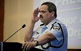 Police Commissioner Roni Alsheich addresses the Conference of Presidents of Major Jewish Organizations annual mission in Jerusalem on February 20, 2018. (Avi Hayoun / Conference of Presidents)