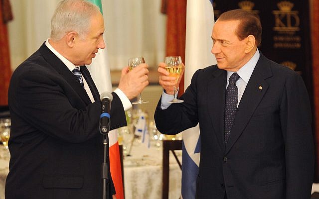 Illustrative: Prime Minister Benjamin Netanyahu (L) and his Italian counterpart Silvio Berlusconi raise their glasses during a state dinner at the King David Hotel in Jerusalem February 1, 2010 (Avi Ohayon/Gpo/Flash 90) Illustrative: Prime Minister Benjamin Netanyahu (L) and his Italian counterpart Silvio Berlusconi raise their glasses during a state dinner at the King David Hotel in Jerusalem February 1, 2010 (Avi Ohayon/Gpo/Flash 90)