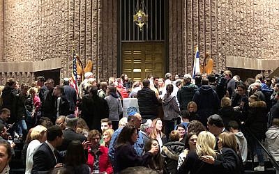 Illustrative: a gun control rally at Temple B’nai Abraham in Livingston, New Jersey, February 25, 2018. (Facebook via JTA)