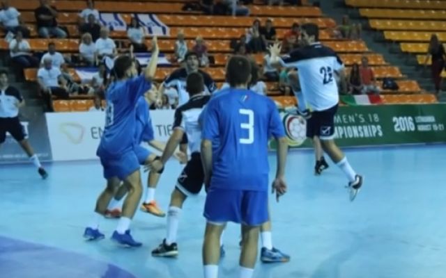 Israel's national youth handball team (blue) competes in the 2016 European championships. (Screen capture/YouTube) Israel's national youth handball team (blue) competes in the 2016 European championships. (Screen capture/YouTube)