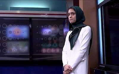 Tahera Rahman, the first full-time Muslim reporter to wear a hijab on mainstream TV news in the US, on February 21, 2018. (Screen capture: YouTube)