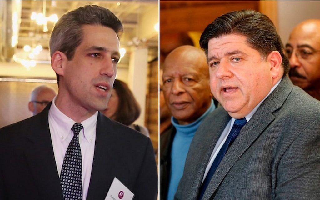 Daniel Biss, left, and J.B. Pritzker are running to be the Democratic nominee for governor in Illinois. (Getty Images/via JTA) Daniel Biss, left, and J.B. Pritzker are running to be the Democratic nominee for governor in Illinois. (Getty Images/via JTA)