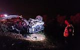 Police examine the scene of an accident where a man was killed after his car crashed into a cow, February 25, 2018 (Israel Police)