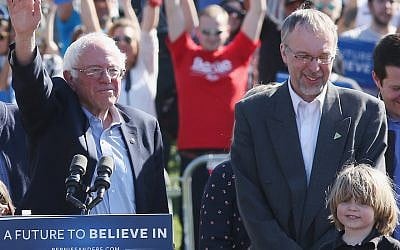Levi Sanders, right, with his father, Senator Bernie Sanders, at a campaign rally in New York City, April 17, 2016. (Mireya Acierto/FilmMagic/Getty Images via JTA)