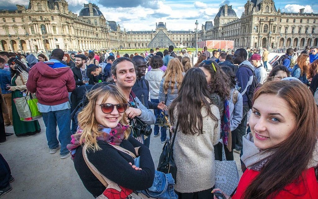 Participants in the Eurostars trip to France in 2015 at the Louvre Museum in Paris. (Courtesy of Yachad/via JTA) Participants in the Eurostars trip to France in 2015 at the Louvre Museum in Paris. (Courtesy of Yachad/via JTA)