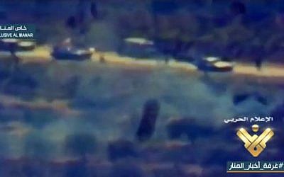 A still image from blurry video footage broadcast by Hezbollah-backed Al-Manar television on February 28, 2018, that purports to show the aftermath of a Hezbollah assassination of Israeli brigadier general Erez Gerstein in 1999 in southern Lebanon. (Screen capture)