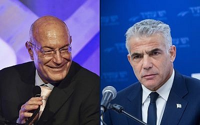 Producer Arnon Milchan in 2016 (left) and Knesset member Yair Lapid in 2018 (composite photo: Evan Agostini/Invision/AP; Miriam Alster/Flash90)