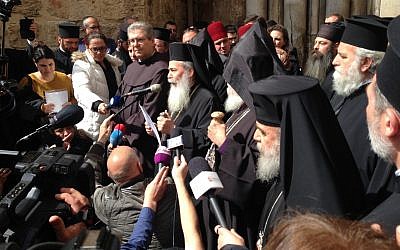 The Greek Orthodox Patriarch Theophilus lll announces the closure of the Holy Sepulchre Church in protest at Israeli policies, February 25, 2018. (Courtesy)
