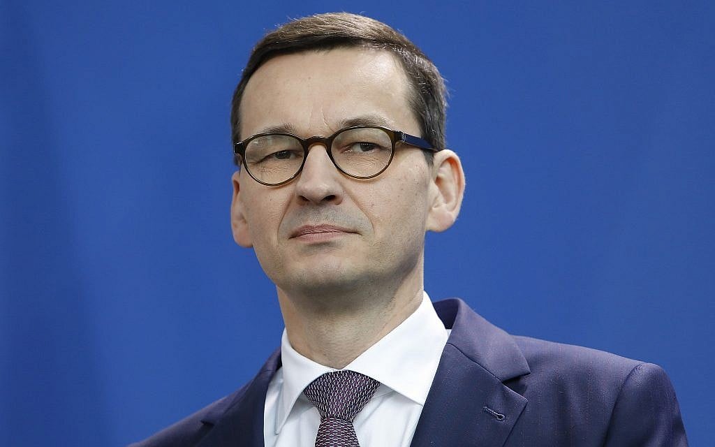 Prime Minister Mateusz Morawiecki of Poland at a joint news conference with Germany's chancellor in Berlin, February 16, 2018. (Michele Tantussi/Getty Images/via JTA) Prime Minister Mateusz Morawiecki of Poland at a joint news conference with Germany's chancellor in Berlin, February 16, 2018. (Michele Tantussi/Getty Images/via JTA)