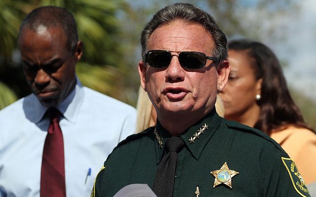 Then Broward County sheriff Scott Israel speaks during a news conference on February 15, 2018, near Marjory Stoneman Douglas High School in Parkland, Florida, where 17 people were killed in a mass shooting the day before. (Amy Beth Bennett/Sun Sentinel/TNS via Getty Images/via JTA) Then Broward County sheriff Scott Israel speaks during a news conference on February 15, 2018, near Marjory Stoneman Douglas High School in Parkland, Florida, where 17 people were killed in a mass shooting the day before. (Amy Beth Bennett/Sun Sentinel/TNS via Getty Images/via JTA)