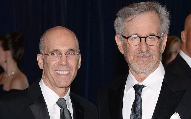 Jeffrey Katzenberg (L) and Steven Spielberg (R) attend the White House Correspondents' Association Dinner at the Washington Hilton on April 27, 2013 in Washington, DC.  (Photo by Dimitrios Kambouris/Getty Images via JTA)