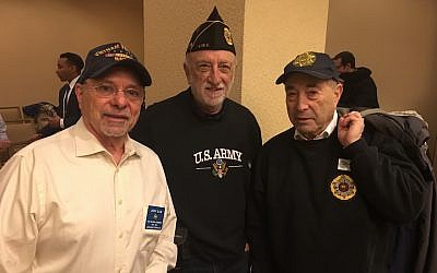 From left to right: Jerome Blum, past national commander of Jewish War Veterans; Matthew Millen, commander of a California JWV post; and Barry Schneider of Texas at a JWV Shabbaton in Arlington, Virginia, February 10, 2018. (Ron Kampeas/JTA)