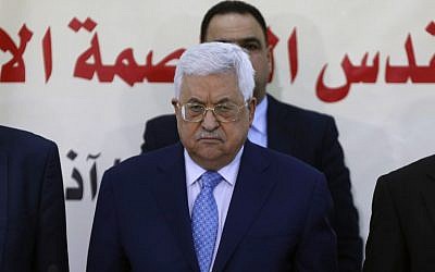 Palestinian Authority President Mahmud Abbas attends a meeting with the Revolutionary Council of the ruling Fatah party on March 1, 2018, in the West Bank city of Ramallah. (AFP/Abbas Momani)