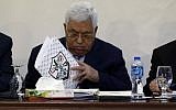 Palestinian Authority President President Mahmoud Abbas attends a meeting with the Revolutionary Council of the ruling Fatah party in the West Bank city of Ramallah, on March 1, 2018. (AFP Photo/Abbas Momani)