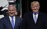 US President Donald Trump (right) welcomes Prime Minister Benjamin Netanyahu to the White House on March 5, 2018, in Washington, DC. (AFP Photo/Mandel Ngan)