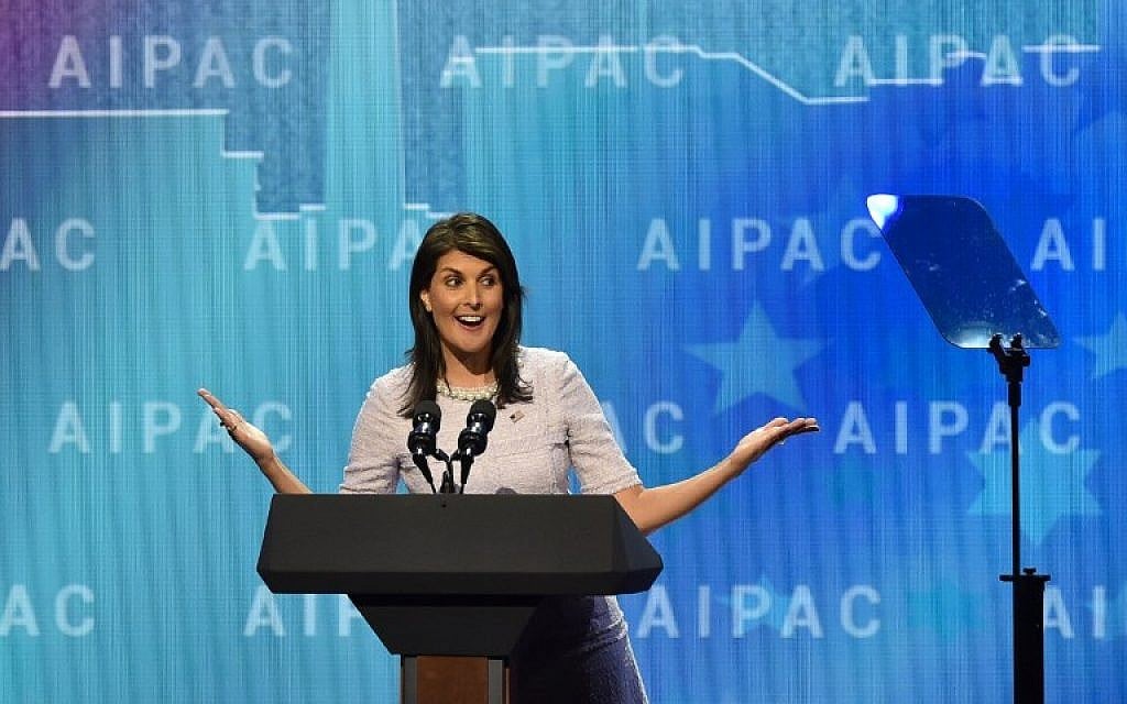 US Ambassador to the United Nations Nikki Haley speaks at the American Israel Public Affairs Committee (AIPAC) policy conference in Washington, DC, on March 5, 2018. / AFP PHOTO / Nicholas Kamm)