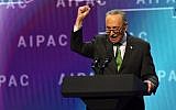 Democratic Senator of New York Chuck Schumer speaks at the American Israel Public Affairs Committee (AIPAC) policy conference in Washington, DC, on March 5, 2018. (AFP Photo/ Nicholas Kamm)