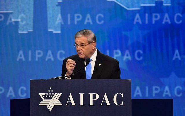 New Jersey Senator Robert Menendez speaks at the American Israel Public Affairs Committee (AIPAC) policy conference in Washington, DC, on March 6, 2018. (AFP PHOTO / Nicholas Kamm) New Jersey Senator Robert Menendez speaks at the American Israel Public Affairs Committee (AIPAC) policy conference in Washington, DC, on March 6, 2018. (AFP PHOTO / Nicholas Kamm)
