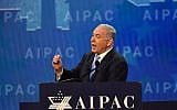 Prime Minister Benjamin Netanyahu speaks during the American Israel Public Affairs Committee (AIPAC) policy conference in Washington, DC, on March 6, 2018. (AFP PHOTO / Nicholas Kamm)