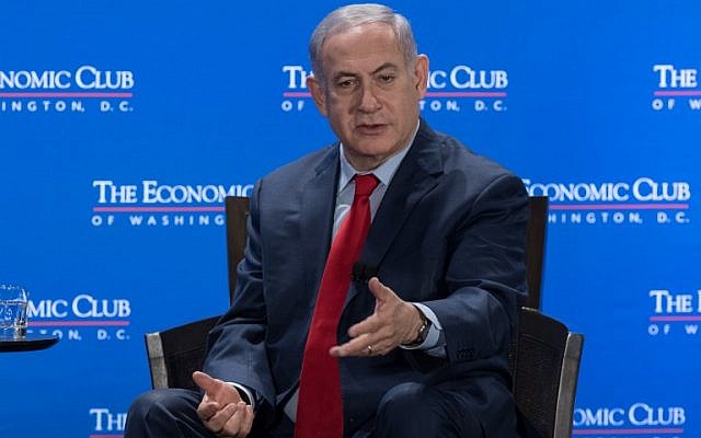 Prime Minister Benjamin Netanyahu addresses the the Economic Club of Washington in Washington, DC, on March 7, 2018. (AFP PHOTO / NICHOLAS KAMM) Prime Minister Benjamin Netanyahu addresses the the Economic Club of Washington in Washington, DC, on March 7, 2018. (AFP PHOTO / NICHOLAS KAMM)