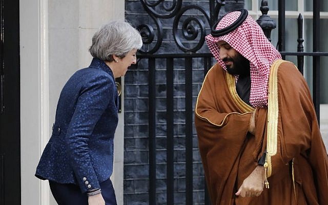 Britain's Prime Minister Theresa May (L) greets Saudi Arabia's Crown Prince Mohammed bin Salman (R) outside 10 Downing Street, in central London on March 7, 2018. (AFP PHOTO / Tolga AKMEN) Britain's Prime Minister Theresa May (L) greets Saudi Arabia's Crown Prince Mohammed bin Salman (R) outside 10 Downing Street, in central London on March 7, 2018. (AFP PHOTO / Tolga AKMEN)