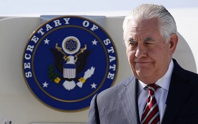 US Secretary of State Rex Tillerson disembarks from his plane as he arrives at Djibouti Ambouli International Airport in Djibouti, March 9, 2018. (AFP/Pool/Jonathan Ernst) US Secretary of State Rex Tillerson disembarks from his plane as he arrives at Djibouti Ambouli International Airport in Djibouti, March 9, 2018. (AFP/Pool/Jonathan Ernst)