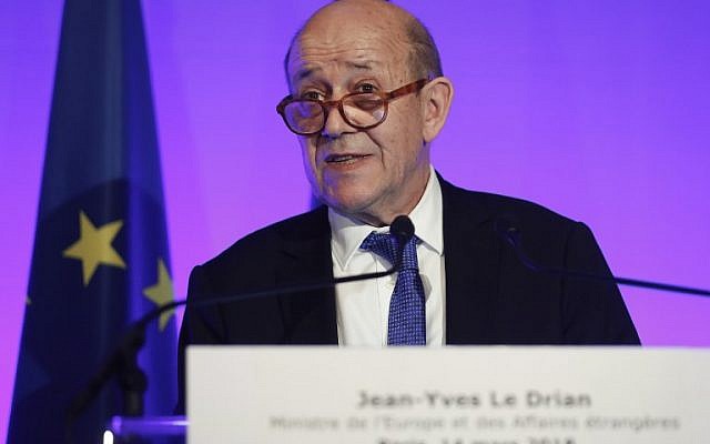 French Foreign Affairs Minister Jean-Yves Le Drian speaks to the press during a joint press conference with German Foreign Affairs Minister at The French Foreign Ministry in Paris on March 14, 2018. (AFP/Thomas Samson) French Foreign Affairs Minister Jean-Yves Le Drian speaks to the press during a joint press conference with German Foreign Affairs Minister at The French Foreign Ministry in Paris on March 14, 2018. (AFP/Thomas Samson)